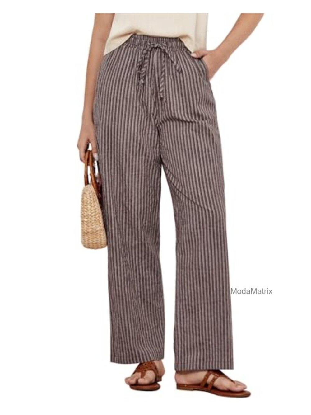 High Waisted Wide Leg Striped Pants Elastic Waist Pull On Casual Flowy Linen